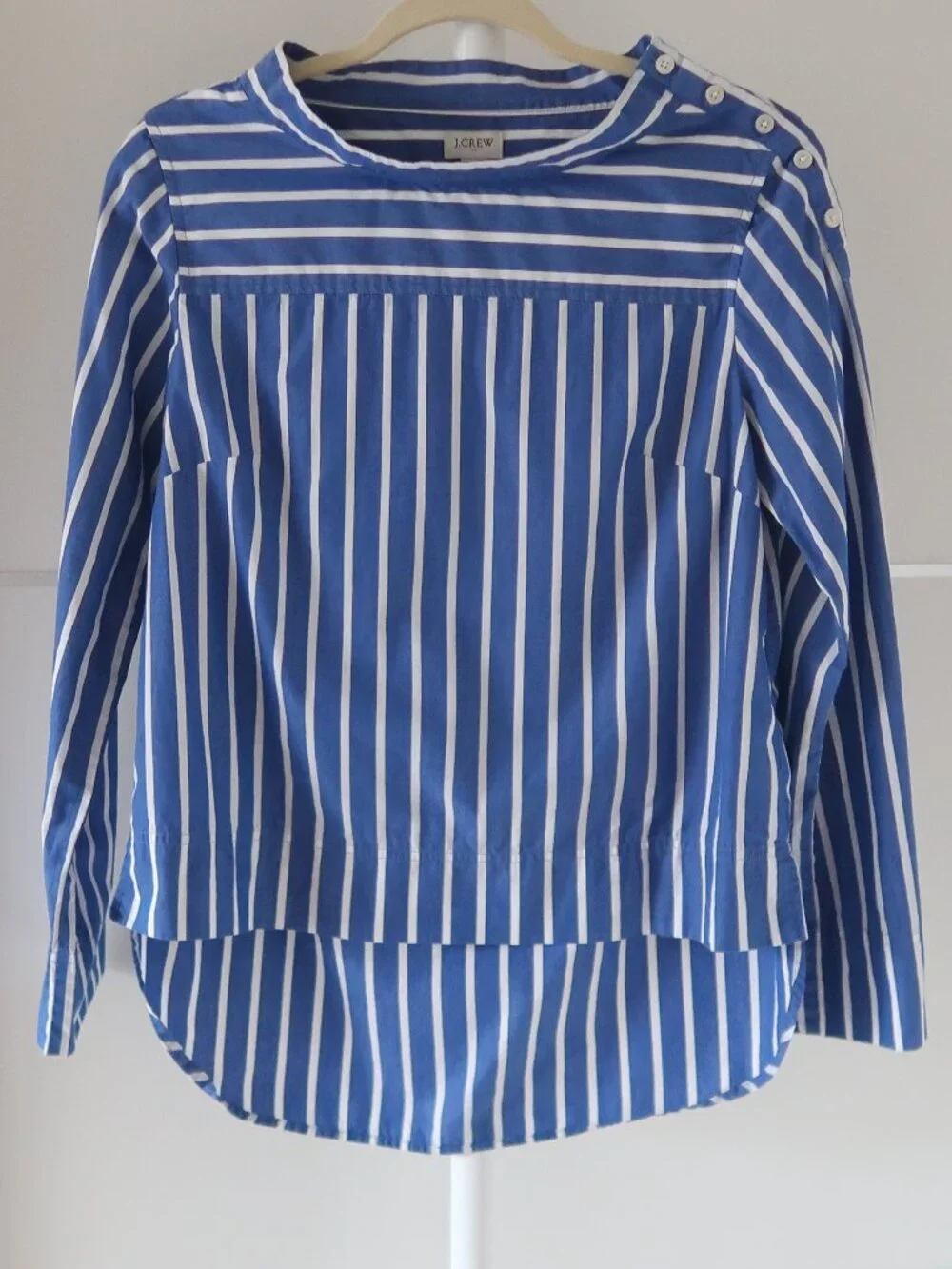 J. Crew Blue White Striped Cotton Blouse Top Button Shoulder High Low Hem 4